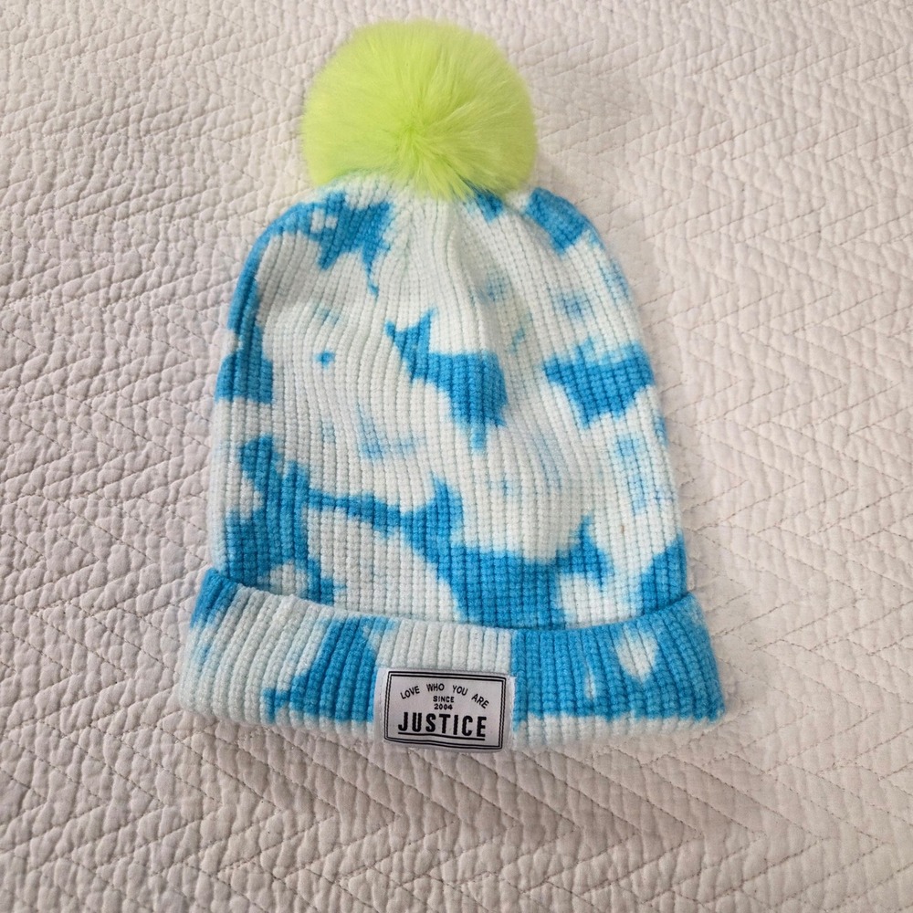 Justice Girls Blue White Tie Dye Ribbed Knit Beanie Hat‎ Lime Green Pom Pom